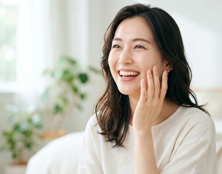 明るい部屋で頬に手を当てて笑う女性