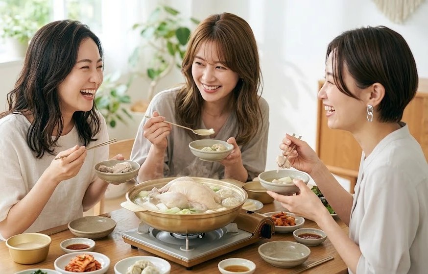 タッカンマリの鍋を囲んで食事を楽しむ女性たち